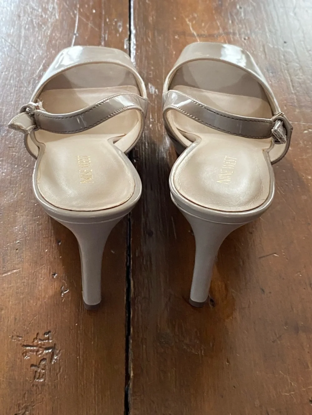 Nine West Taupe Patent Peep-Toe Slingback Heels - Picture 3 of 15